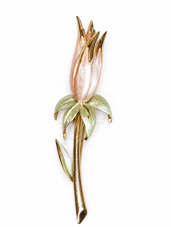 Crown Trifari Jewelry - Vintage Crown Trifari Pink Green Enamel Tulip Flower Brooch Gold Tone